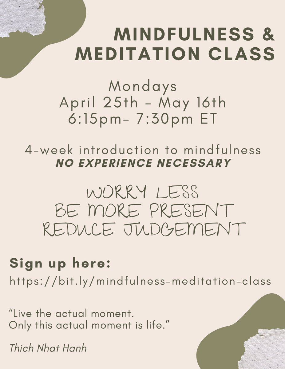 AmandaJAyers's tweet photo. Starting in two Mondays I’m going to be offering a free 4-wk mindfulness class over zoom. No experience necessary. Learn skills to foster presence, be less critical and hold less stress. Check out the info below and register! https://t.co/7gJGYJt5bx https://t.co/s11sh47nOM