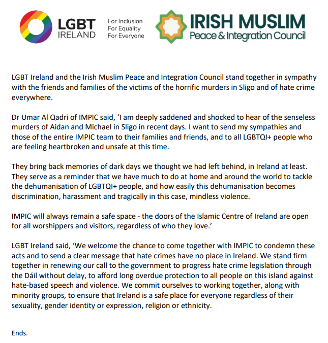 "We welcome the chance to come together with IMPIC to condemn these acts and to send a clear message that hate crimes have no place in Ireland."
LGBT Ireland and @IMPIC_ie