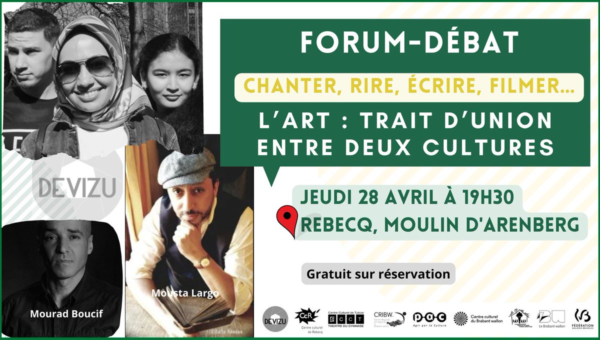 CcTubize's tweet photo. Chanter, rire, écrire, filmer : L’#art, trait d’union entre deux cultures // Jeu.28 avril à #Rebecq / Rencontre #débat avec Véronique Vercheval, photographe - Mousta Largo Auteur, conteur &amp; Mourad Boucif  réalisateur et éducateur dans le milieu associatif.
https://t.co/cLYnICUPQd https://t.co/RQwVpN63Et
