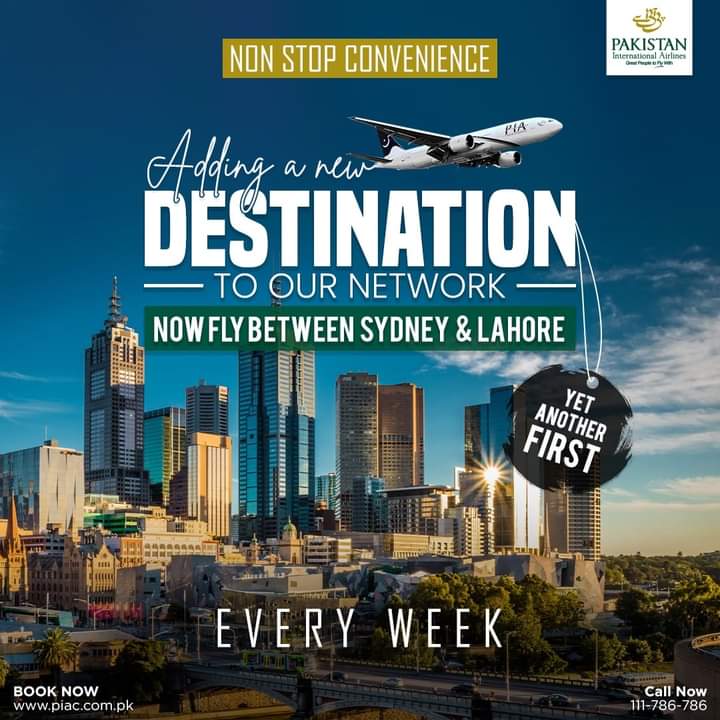 Official_PIA's tweet photo. #PIA is set to operate its 1st ever direct flight to #Sydney from next week. Now with reduced distance &amp; travel timings, with unmatched schedule over the weekend, it perfectly suits your vacation schedules

7.45PM Departure from SYD
3.45AM Arrival at LHE https://t.co/51QHv92CZO
