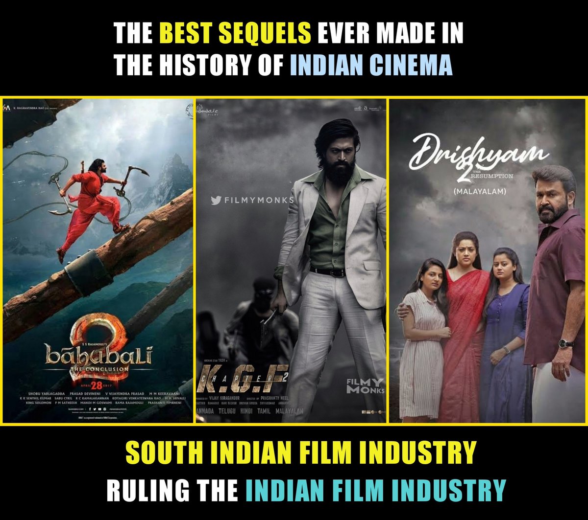 filmy_monks's tweet photo. The Best Sequels Ever Made in The History Of Indian Cinema! 🔥

#Baahubali2 #KGFChapter2 #Drishyam2 #Prabhas #Yash #Mohanlal @BaahubaliMovie @KGFTheFilm @drishyam2movie https://t.co/3kERDRH9Ag