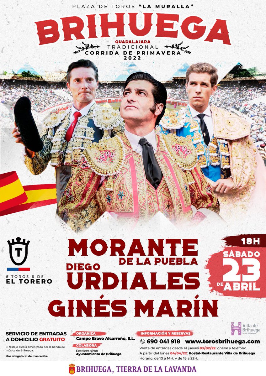 💥⌛️ ¡NO FALTA NADA! En una semana… 𝗠𝗼𝗿𝗮𝗻𝘁𝗲, 𝗨𝗿𝗱𝗶𝗮𝗹𝗲𝘀 𝘆 𝗚𝗶𝗻𝗲́𝘀 trenzarán el paseíllo en ‘La Muralla’ en la tradicional corrida de primavera.

𝗖𝗢𝗠𝗣𝗥𝗔 𝗧𝗨𝗦 𝗘𝗡𝗧𝗥𝗔𝗗𝗔𝗦: 👇👇

🔗 bit.ly/torosbrihuega
📞 690 041 918.
👉 <a href="/VilladeBrihuega/">VilladeBrihuega</a>