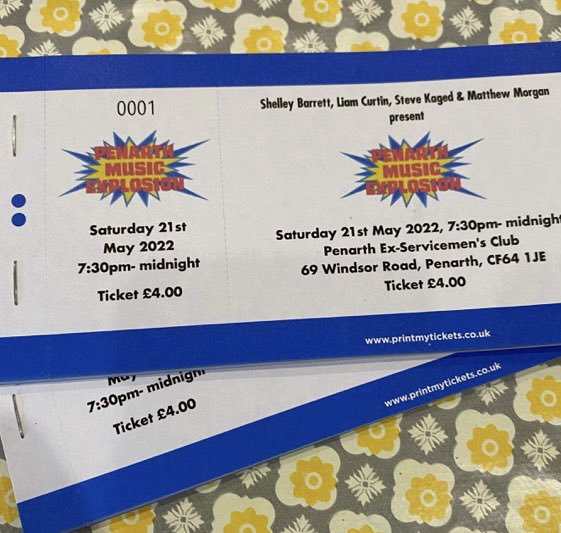 Paper tickets have arrived for the Penarth Music Explosion night and will be on sale at our Something in the Air - The Sounds of the Sixties night tomorrow at Penarth Ex Servicemen's Club. 

You can buy tickets for tomorrow night  here: ticketsource.co.uk/penarthmusicex…