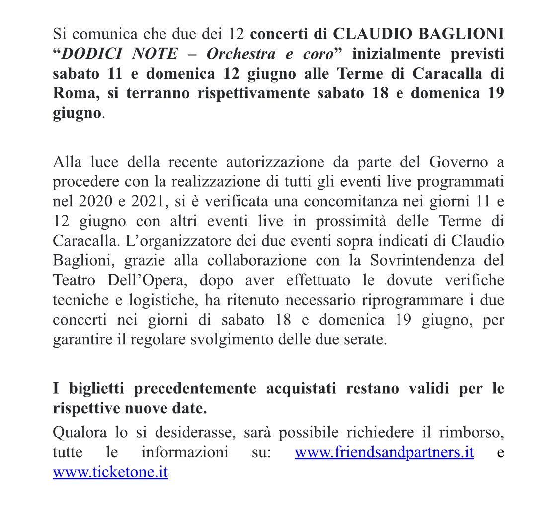 ClaudioBaglioni's tweet photo. Si comunica che due dei 12 concerti di CLAUDIO BAGLIONI “DODICI NOTE – Orchestra e coro” inizialmente previsti sabato 11 e domenica 12 giugno alle Terme di Caracalla di Roma, si terranno rispettivamente sabato 18 e domenica 19 giugno.
Info su @officialFandP
#DodiciNote https://t.co/fJGyugvn3P