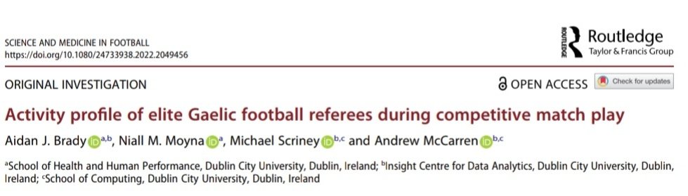 The second paper from my PhD is now online and open access 🔓in @SciMed_Football at tandfonline.com/doi/full/10.10… A 4-year analysis of the activity profile of elite @officialgaa referees in the Senior Football Championship Perfect timing in advance of this weekend 🏆 @IrishResearch
