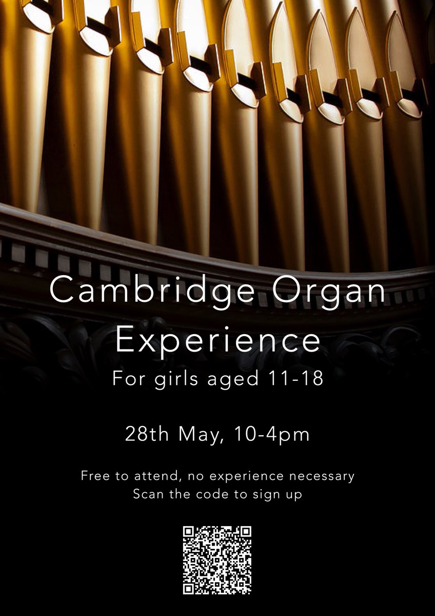 The Cambridge Organ Experience for girls is back! A chance to learn more about this amazing instrument and play some of the finest instruments in Cambridge. This event is open to organists &amp; non-organists, and is free to attend! Sign up here: docs.google.com/forms/d/e/1FAI…
