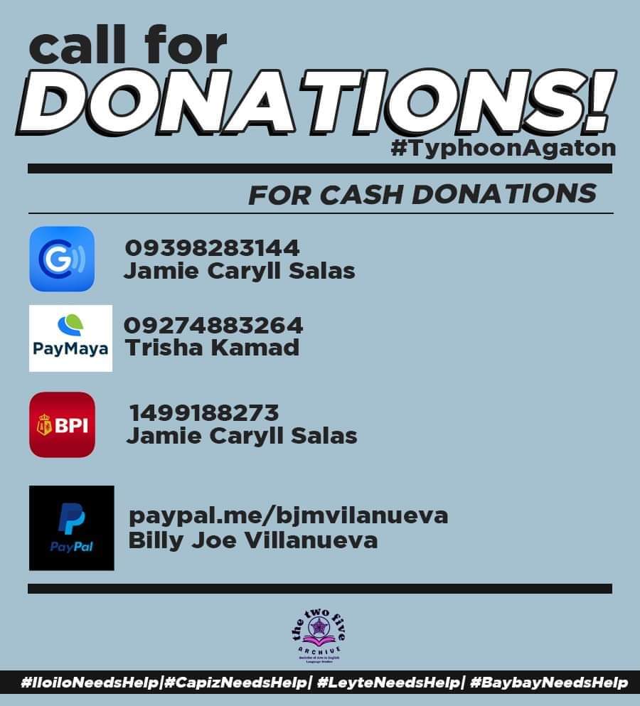 hanjibns's tweet image. hello! we are currently calling for donations. this is in response to typhoon agaton&apos;s victims. any amount will be of great help and will be highly appreciated!

mula sayo, para sa bayan.

#CapizNeedsHelp
#IloiloNeedsHelp
#BaybayNeedsHelp
#LeyteNeedsHelp