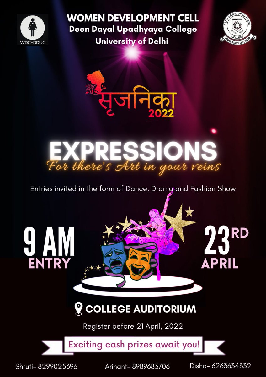 CellDduc's tweet photo. After 2 years of online college, we are back with our annual fest Srijanika! We invite you all, to take the stage and express yourself, and let your voice be heard! Register yourself through this link- 
https://t.co/smefxwaxFg
DM us for more details.
#Fest #DU #Competition #Delhi https://t.co/MKATvvSWmj