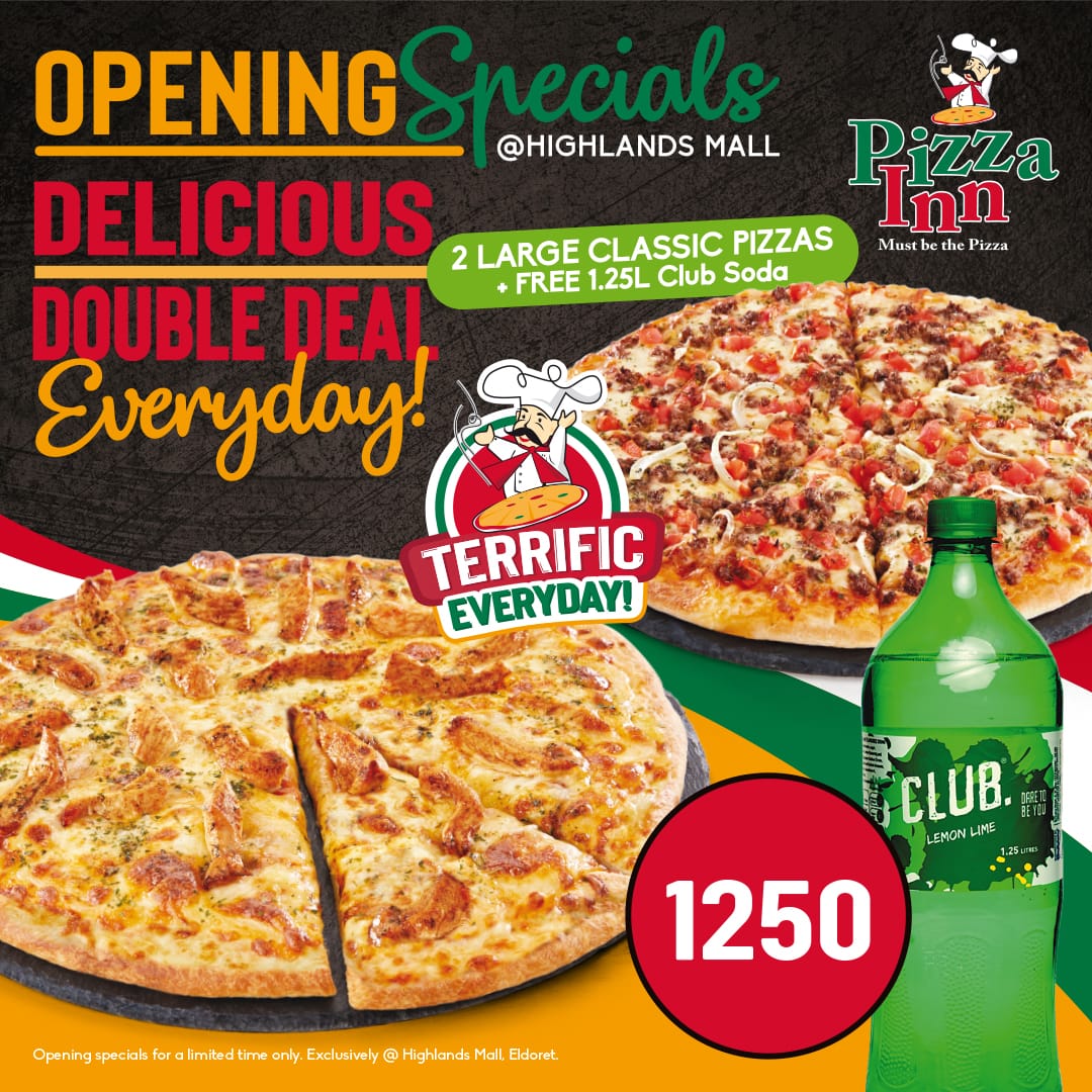 Pizza Inn: Terrific Everyday - Get 2 large Pizzas and with a FREE club soda at 1250/= 
@pizzainnke #BeyondYourCircle #MustBeThePizza #PizzaInn