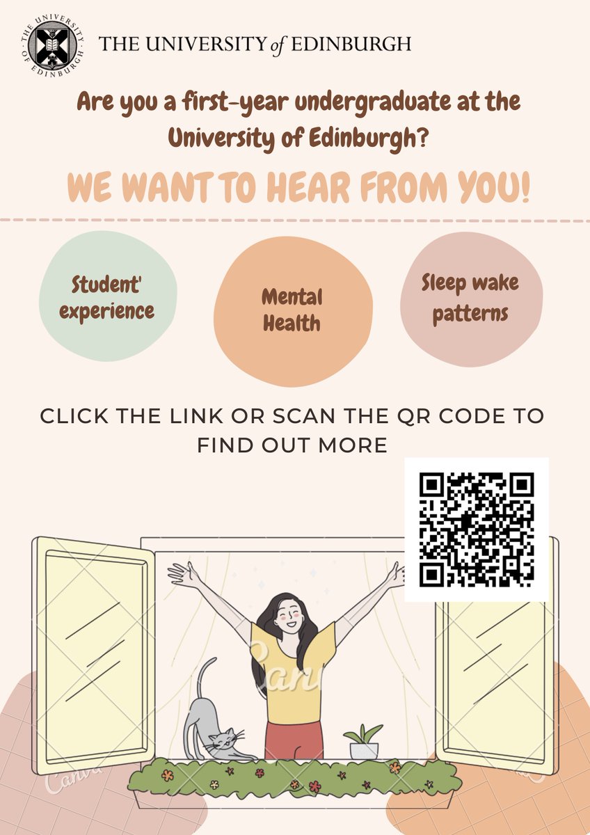 Are you a first-year undergraduate at the University of Edinburgh? We'd love to hear from you! Please complete our survey about sleep and mental health! Click here to take the anonymous survey: edinburgh.eu.qualtrics.com/jfe/form/SV_7Q…
or scan the QR code below! ⬇️⬇️⬇️