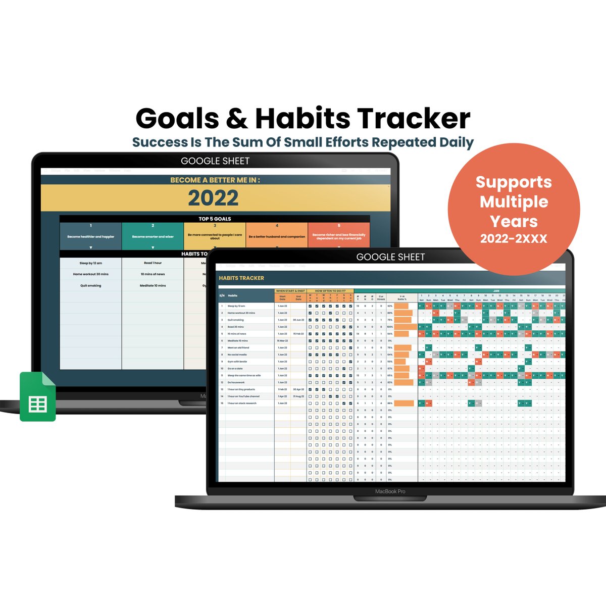 SpreadSheetSoln's tweet photo. The Goals &amp; Habits Tracker Google Sheet helps you achieve your goals by linking them directly to new habits. We made it fun and easy to develop new habits by creating a strong motivation to continue your progress https://t.co/ZG7tbFiktS https://t.co/7CqaXO6dAY