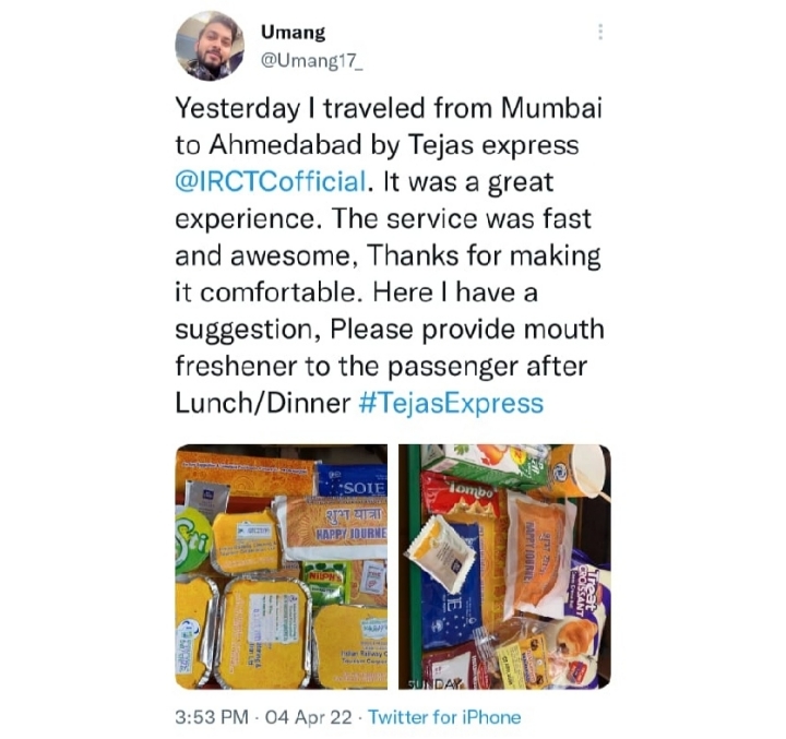 IRCTCofficial's tweet photo. We at #TejasExpress always aspire to make our passenger's travel experience most comfortable. Here are a few passenger feedbacks on Tejas Express services.
#TejasExpress #GoTejasGo https://t.co/beaPR4slYO