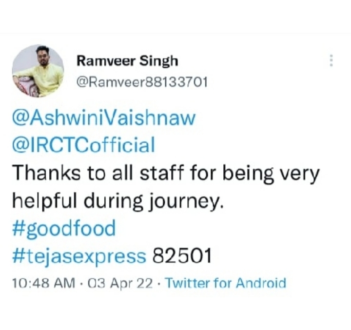IRCTCofficial's tweet photo. We at #TejasExpress always aspire to make our passenger's travel experience most comfortable. Here are a few passenger feedbacks on Tejas Express services.
#TejasExpress #GoTejasGo https://t.co/beaPR4slYO