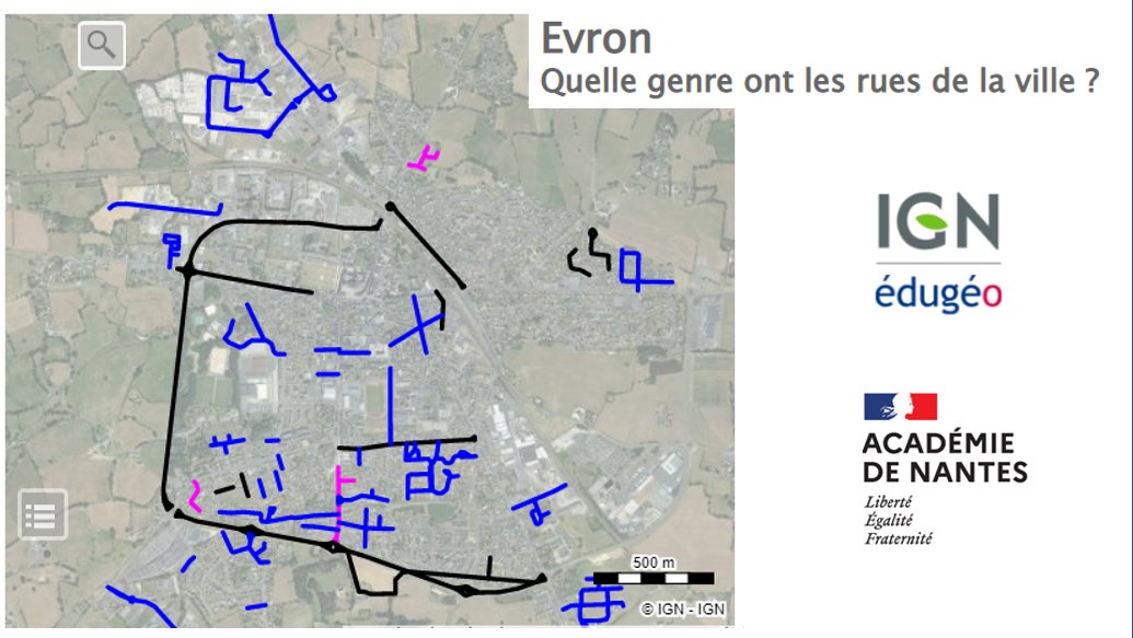 histgeo_edu_num's tweet photo. [Scénario Pédagogique]
✅ Visualiser la place des femmes dans l'espace public 
✅ Une étude du genre des noms des rues à Evron avec une carte narrative réalisée avec #Édugéo d'@IGNFrance pour #Éduthèque
👉 https://t.co/syzjDeT2DX https://t.co/CUk5HP4ONL