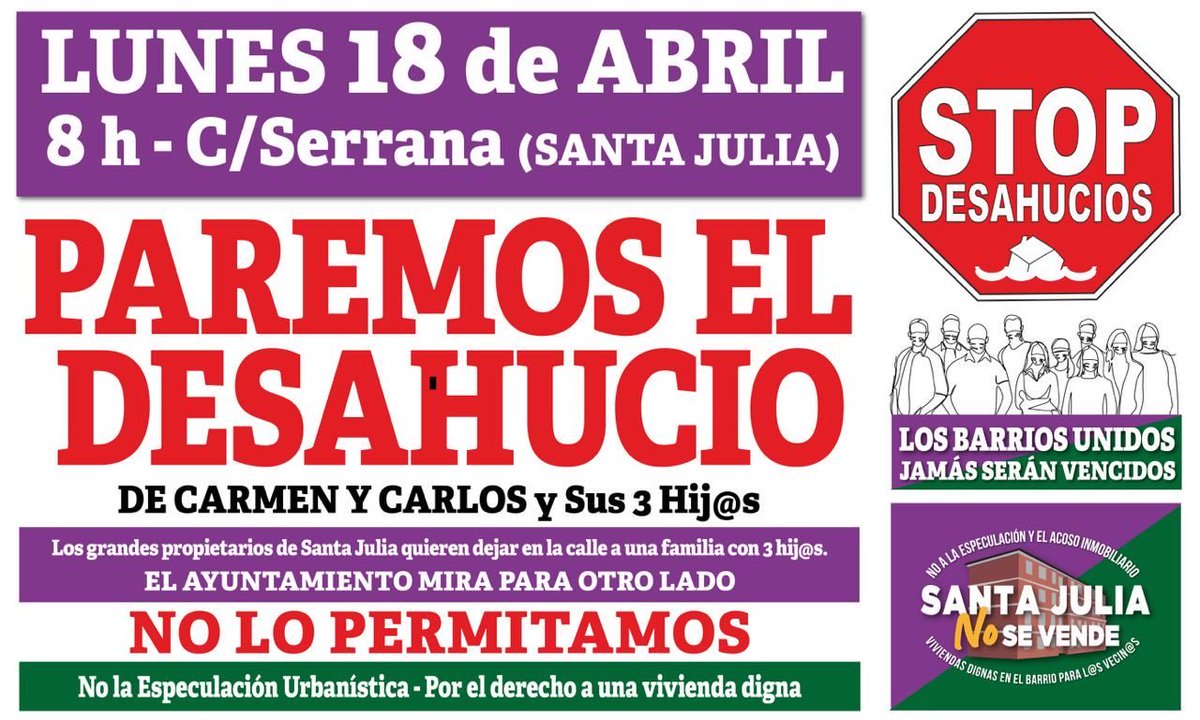 StopApuestasMLG's tweet photo. 🆘 ALERTA DESAHUCIO - #Málaga 
📆Lunes 18 de Abril
⏰08h
📍C/Serrana (Barriada Santa Julia) https://t.co/Od2svuyKlY