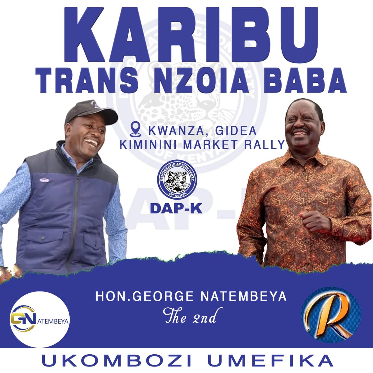 DAP-K Leadership led by Patron @EugeneLWamalwa, @wamunyinyi and incoming Governor  Natembeya will tomorrow host H.E Raila Odinga @RailaOdinga in Trans Nzoia for a series of events in Kwanza & Kiminini constituencies.
#DAPMwamkoMpya 
#AzimioLaUmoja