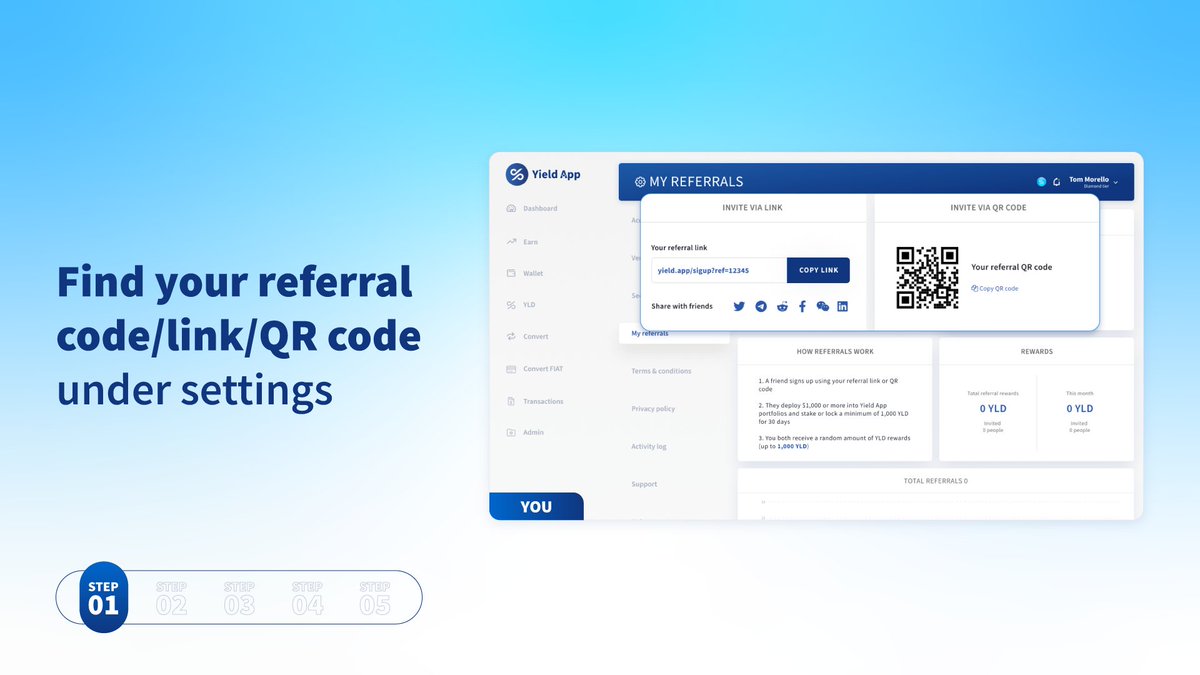 YieldApp's tweet photo. How to refer your friends and family in 5️⃣ easy steps. Earn up to 1,000 YLD per referral! 👏
#YieldApp #YieldAppReferrals #referral #Earn $YLD https://t.co/s6d4qKSju0