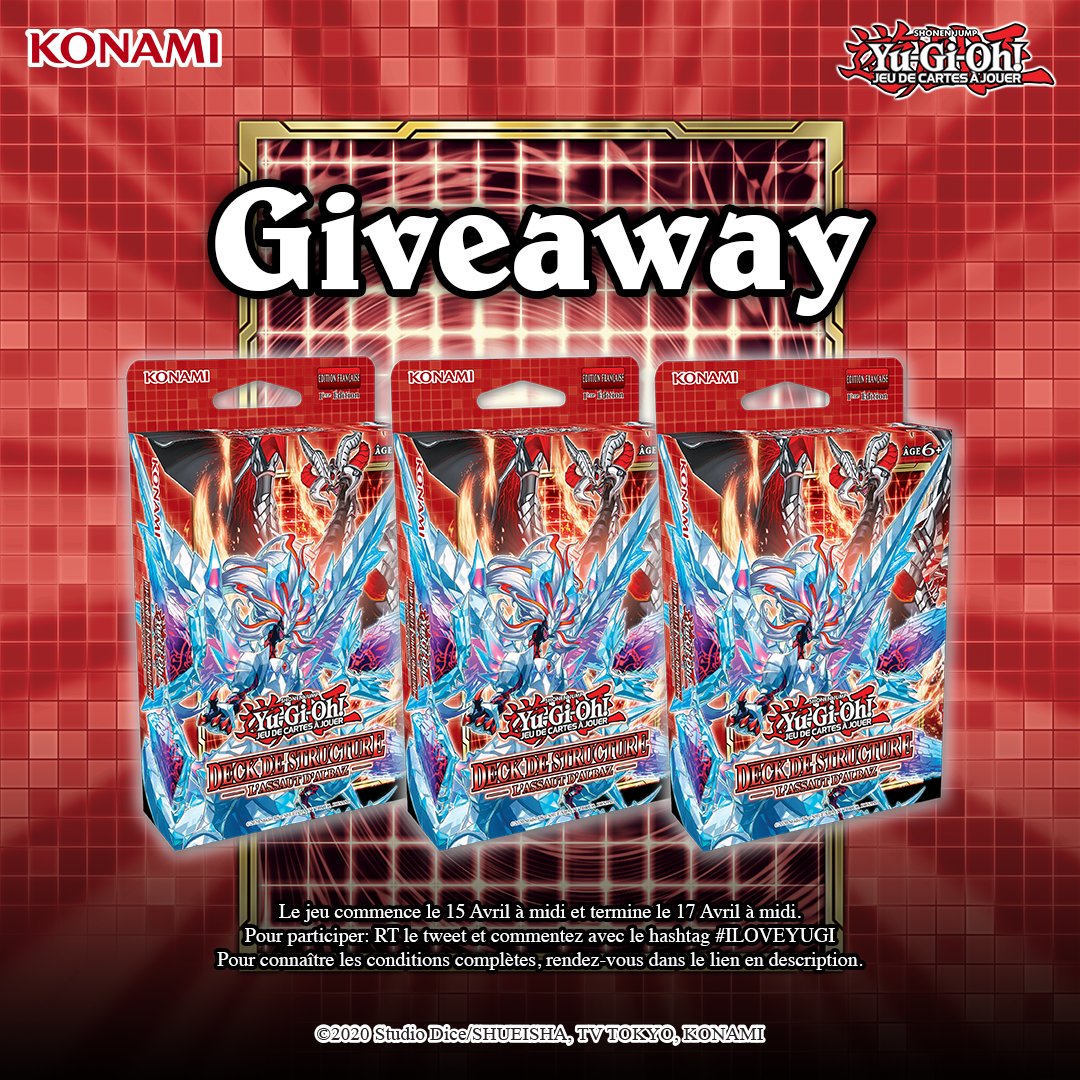 KONAMIFR's tweet photo. CONCOURS ! 🔥
À gagner 1 lot de 3 Decks de Structure Yu-Gi-Oh! : L'Assaut d'Albaz ! #yugioh

Fin du concours Dimanche 17 Avril à midi!

Pour participer:

- RT &amp; Follow @KONAMIFR 
- Mettre #ILOVEYUGI en com

Détails ici : https://t.co/Nbpvcj1hxr

Bonne chance! https://t.co/ecBmuYBCFq