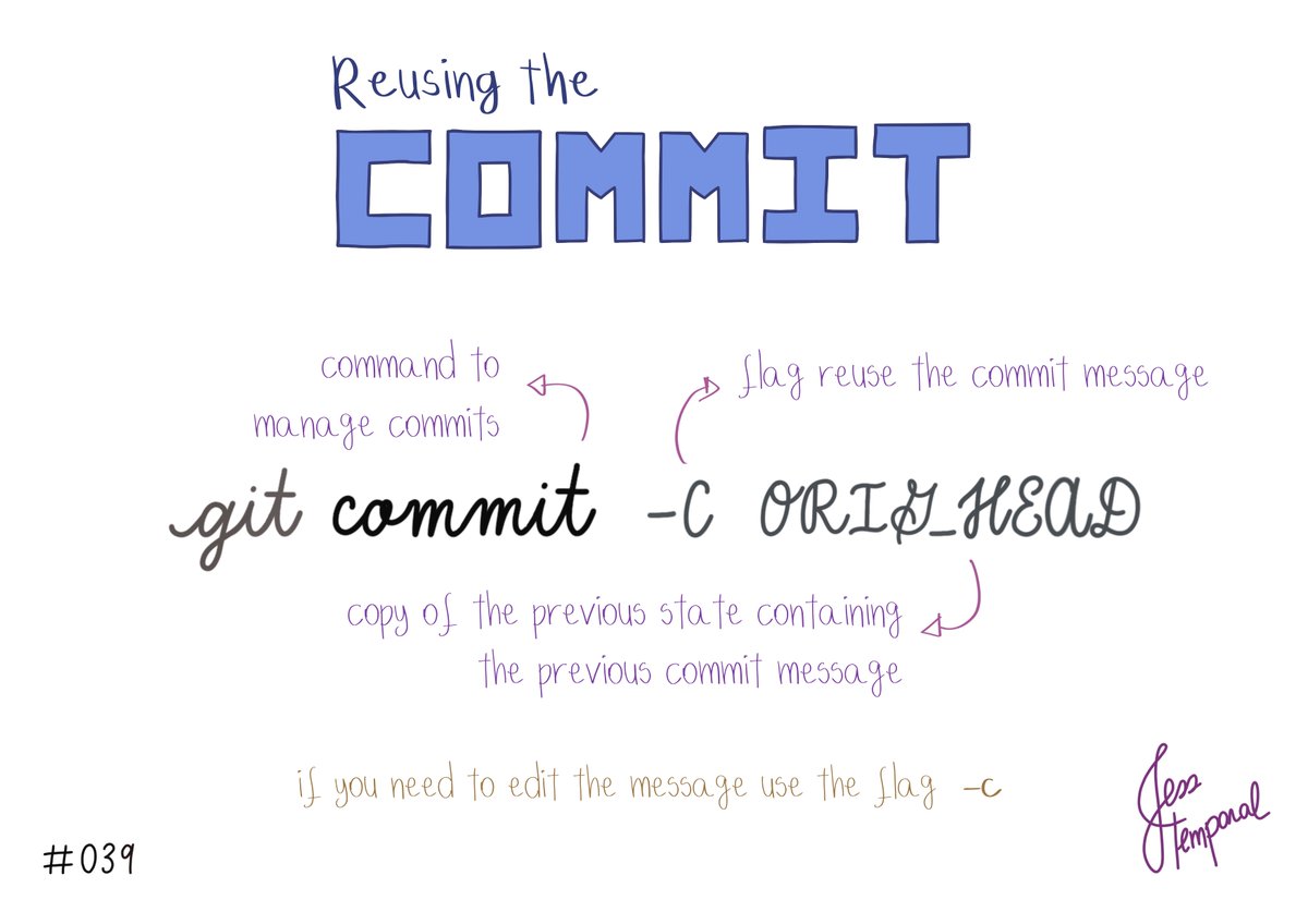 jesstemporal's tweet photo. To reuse the changes and commit message undone with the β--softβ flag, use the command:
git commit -C ORIG_HEAD
You can find this #GitStudyCards & more at https://t.co/eSsUIG011I
#gitfichas #git #developer #developers #software #github #techtwitter https://t.co/qpiGhCKpb2