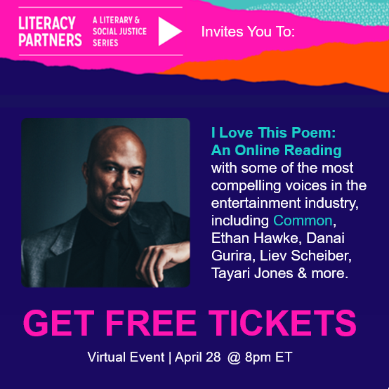 LitPartners's tweet photo. Join Common for I Love This Poem: An Online Reading on Thursday, April 28 at 8:00pm ET. Get Tickets HERE: https://t.co/Tc9dFfHHaa
#LiteracyPartners #racialjustice #socialjustice #ilovethispoem #wordsshapeourworld #backbypopulardemand #poetrymonth #common https://t.co/HwgBBG0v22