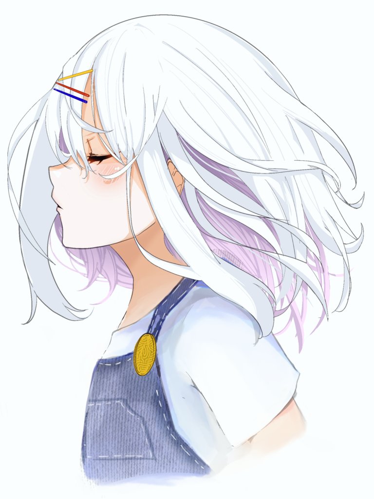 1girl solo closed eyes hair ornament overalls white background white hair  illustration images