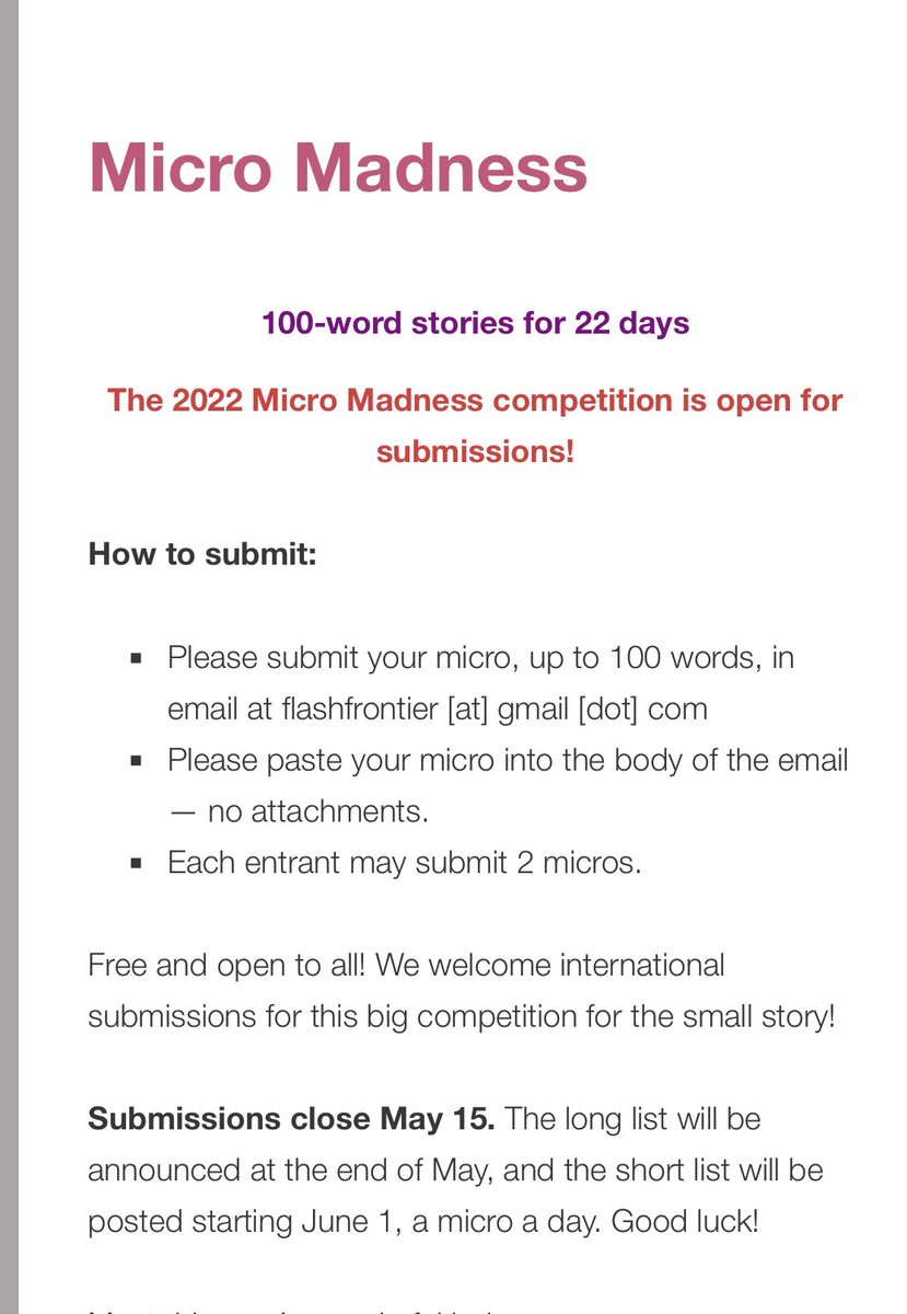 NFFDNZ's tweet photo. Micro Madness 2022 competition is open for submissions https://t.co/Zvm3TfJTxA #MicroMadness #micro100 https://t.co/EkQluxY3j2