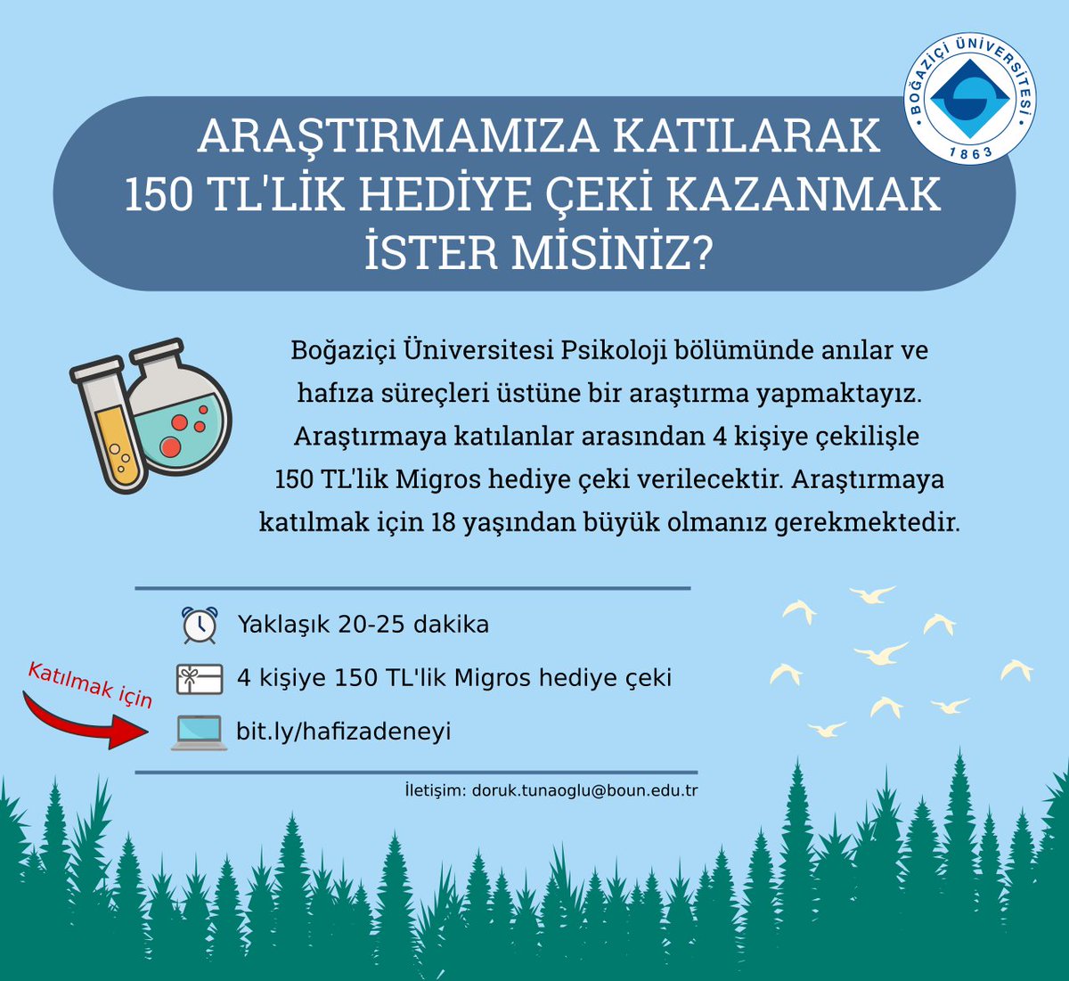 Boğaziçi Üniversitesi Psikoloji bölümünde anılar ve hafıza üzerine yaptığımız 20 dakikalık araştırmaya katılıp bana destek olur musunuz? 150TL hediye çeki kazanma şansı da var.

Daha fazla insana ulașabilmem için RTlerseniz sevinirim 🌼

Katılım linki 👇
bit.ly/hafizadeneyi