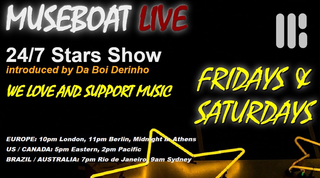 RT & Tune In ;-) 24/7 Stars show presents @DelphiRavens @DraygonLotter @DreamingMadmen @Dx2953 @EugeneRodin @frankjoshua @ghosttoastband @GoodtimeHustle @itsadequate @HouseofNot @SpiritsHybrid @ChadwickStation @iamdemuremusic @Iandsonmusic Tune in at museboat.com