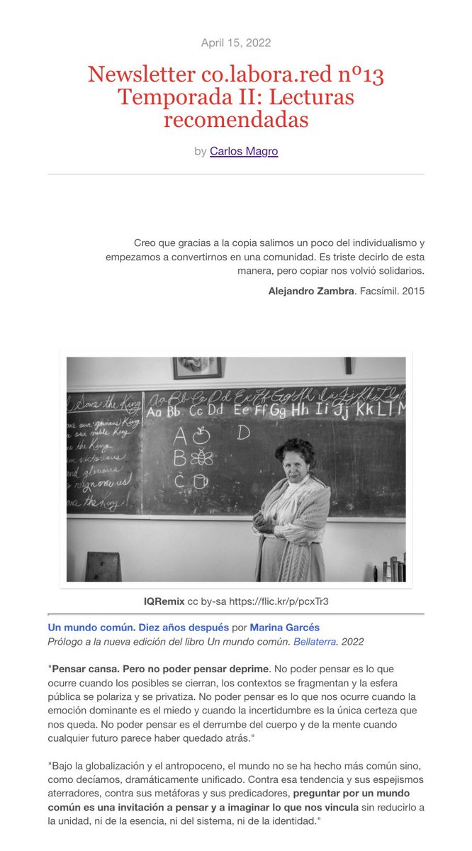 Hoy comparten espacio en la newsletter textos de <a href="/MarinaGarces/">Marina Garcés</a> <a href="/jordisblanch/">Jordi Solé Blanch</a> <a href="/alafuente/">A Lafuente</a> y <a href="/audreywatters/">Audrey Watters</a>, y os propongo el vídeo de presentación del último libro de Franco Bifo Berardi con Amador Fernández-Savater. La cita es del chileno Alejandro Zambra tinyletter.com/carlosmagro/le…