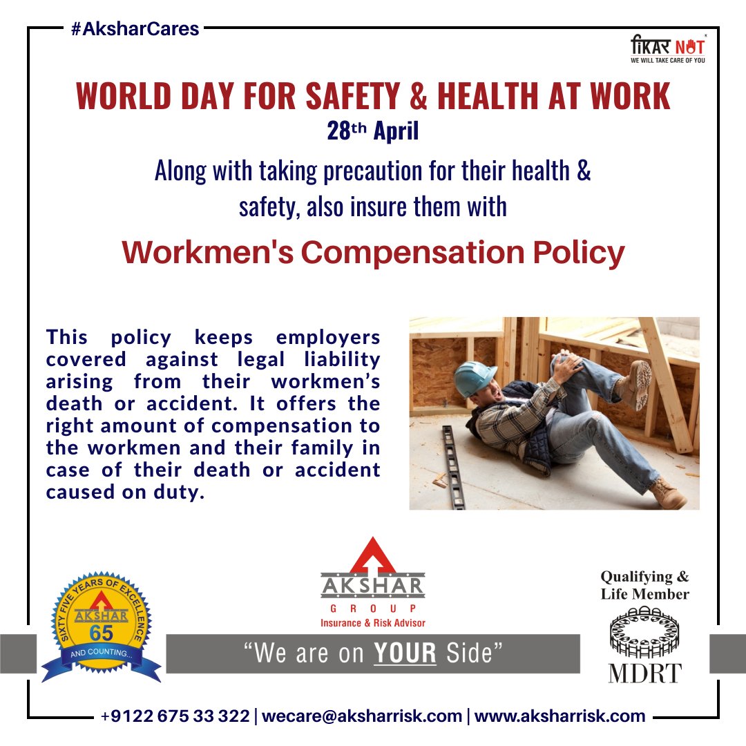 akshar_risk's tweet image. Cover your employees with a Workmen Compensation Policy to ensure that your workers are insured while working. To know more, call us!
#WorldDayForSafetyAndHealthAtWork #workmencompensationpolicy #workmencompensation #insurance #aksharrisk #aksharinsurance #weareonyourside