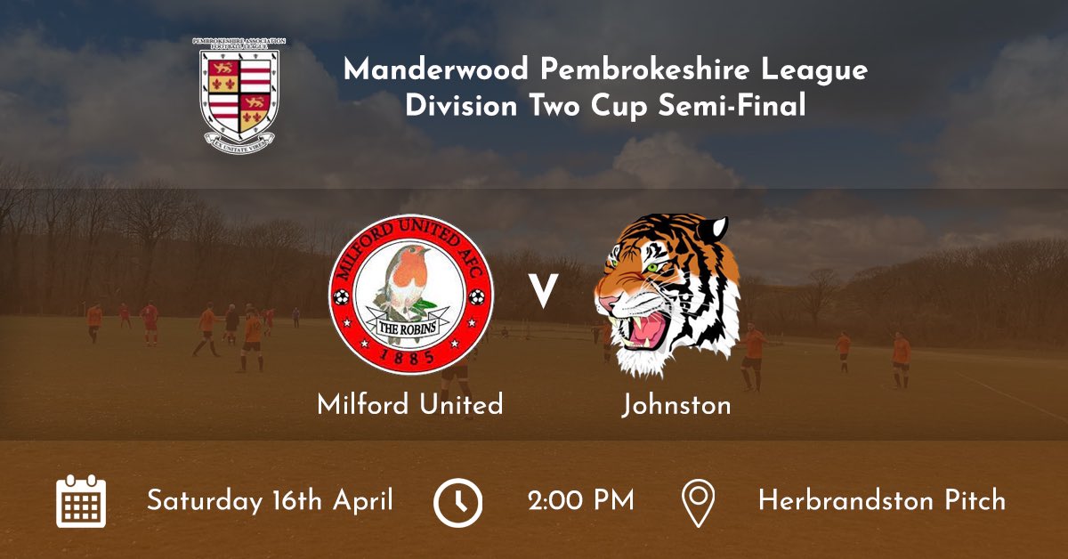 Come down to support the Tigers tomorrow as they take on Milford United in the Second Division Cup semi-final at Herbrandston! 

#UpTheTigers 🐅 ⚽️