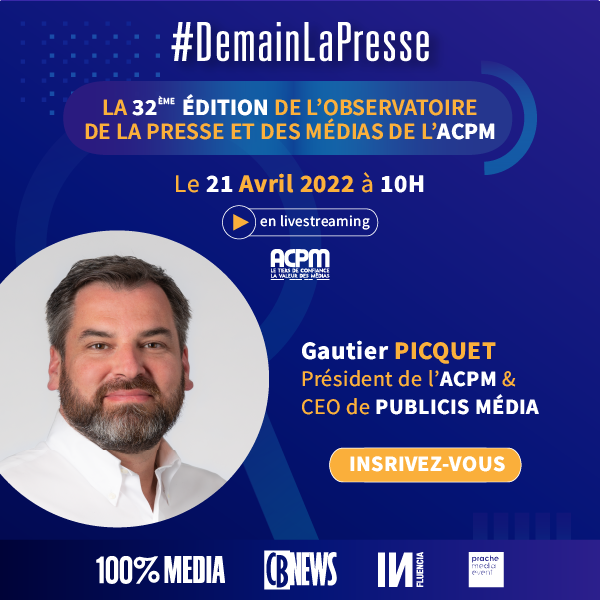 ACPMFrance's tweet image. 🗓 [J-6] #Observatoire2022

#DemainLaPresse aura le plaisir d&apos;accueillir lors de la 32e édition de l&apos;Observatoire de la Presse et des Médias, @GautierPICQUET, président de l&apos;ACPM et CEO de @PublicisMediaFr. 

👉 Inscrivez-vous : bit.ly/3JH1PvP
