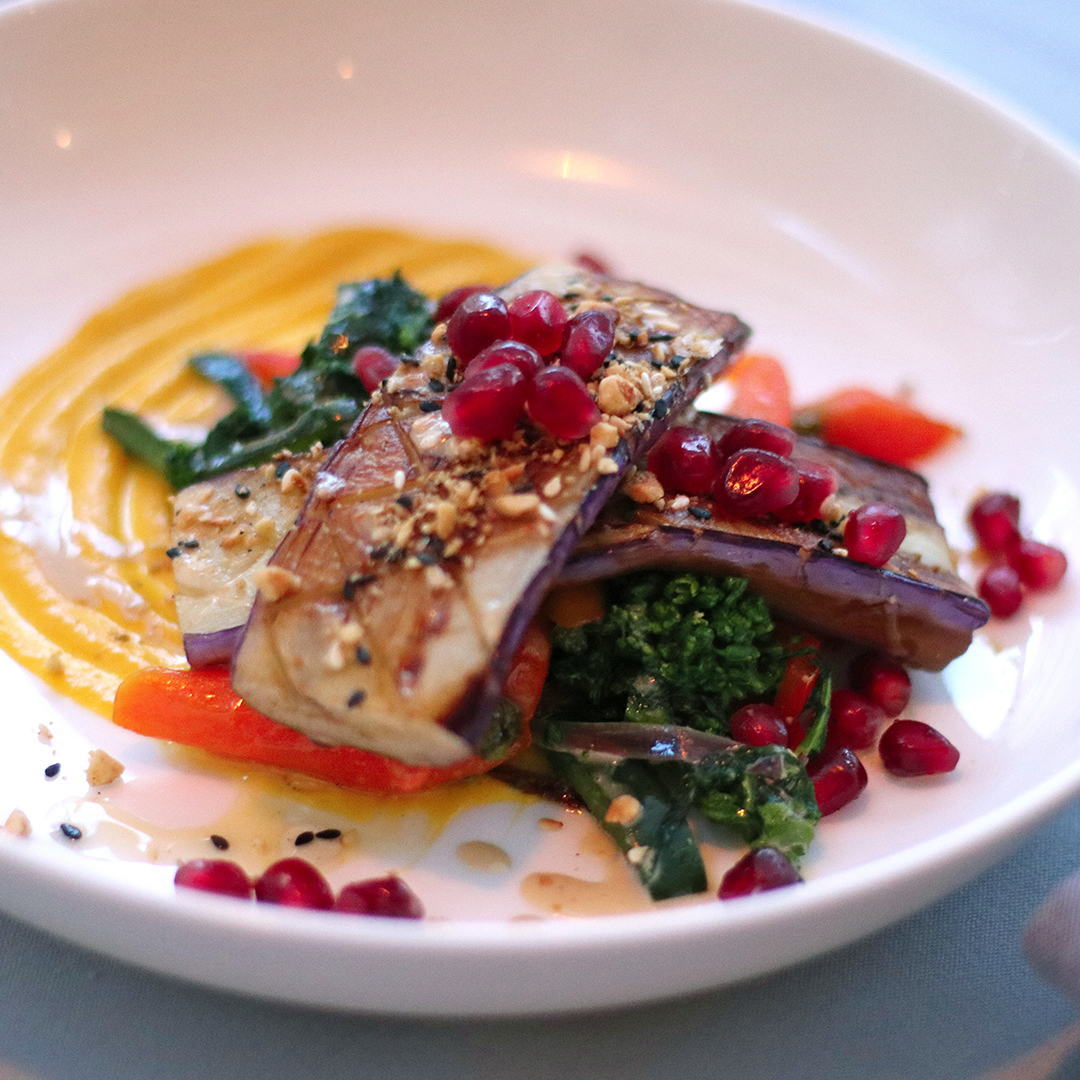 Pan-Seared Japanese Eggplant with Cumin-Scented Rainbow Carrot, Fresh Pomegranate, Hazelnut Dukkah. #whatveganseat equinoxrestaurant.com/menus #dcvegan