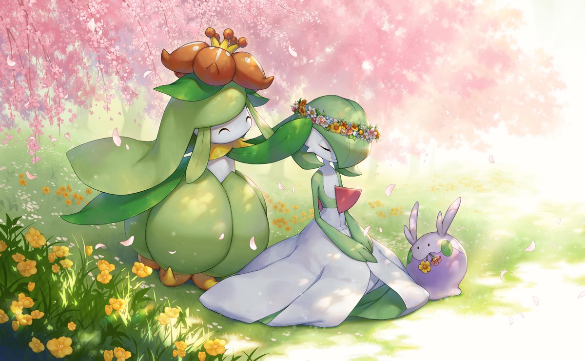 gardevoir pokemon (creature) flower grass closed eyes petals outdoors day  illustration images