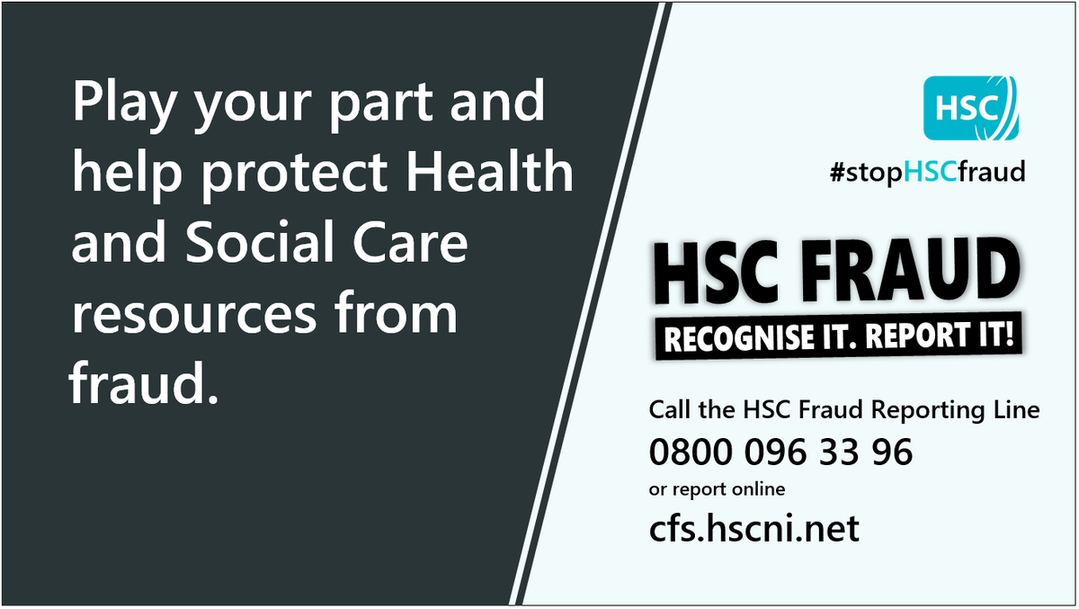 bsocfs's tweet photo. Every pound lost to #HSCfraud means less money to spend on important services and patient care.
If you suspect fraud against Health and Social Care in Northern Ireland please call 0800 096 33 96 or report online at https://t.co/wUNV7IY7xY
Together we can #stopHSCfraud https://t.co/xtcEj8tFsu