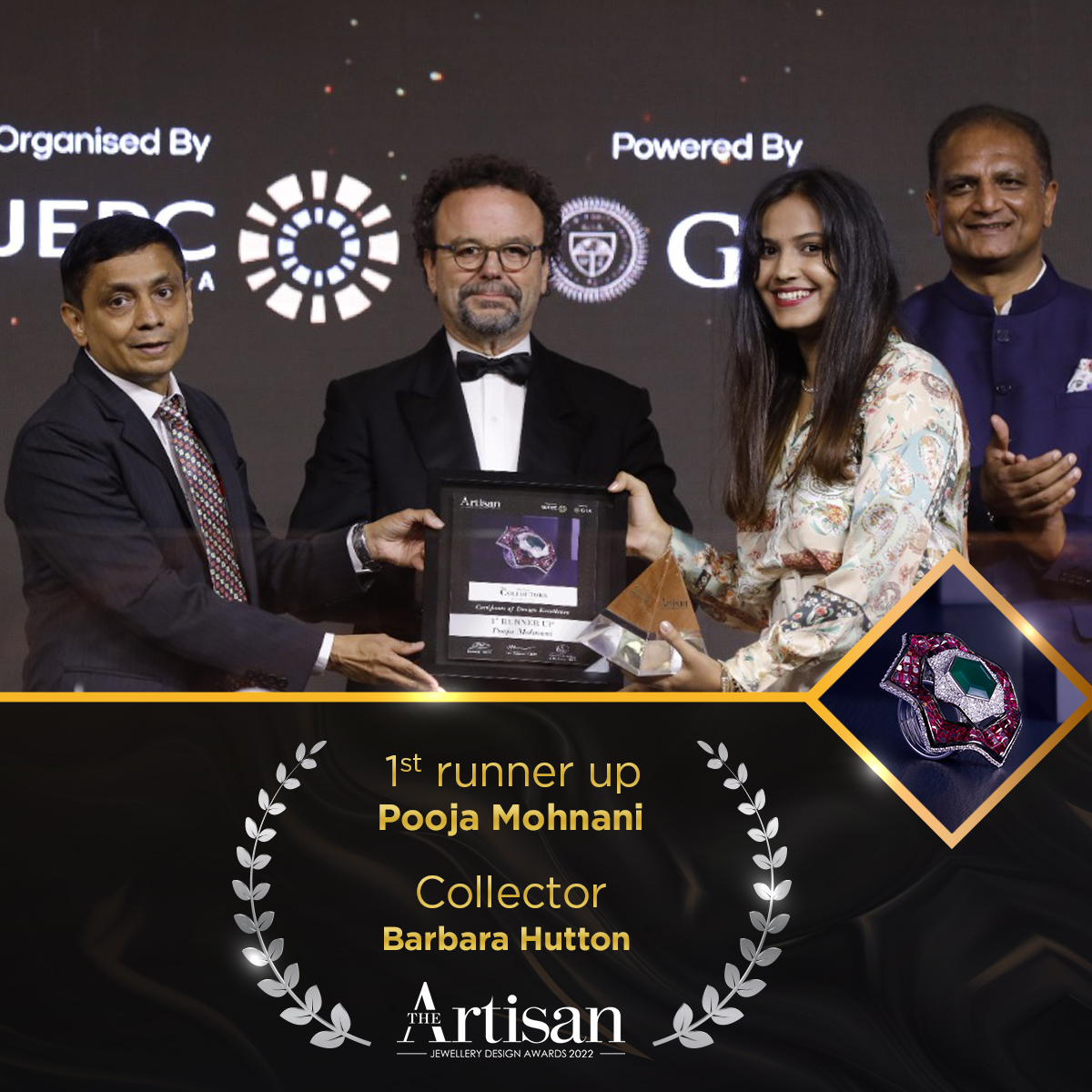 GJEPCIndia's tweet photo. The first runner-up in the Barbara Hutton category is Pooja Mohnani. Her Lotus ring resonates with Barbara's life story as she rose to fame despite growing up in an unfavourable environment.
@giaindia @ujewellery
#ArtisanAwards #designerjewellery #TheCollectors #BarbaraHutton https://t.co/N3Hiwsp3cU