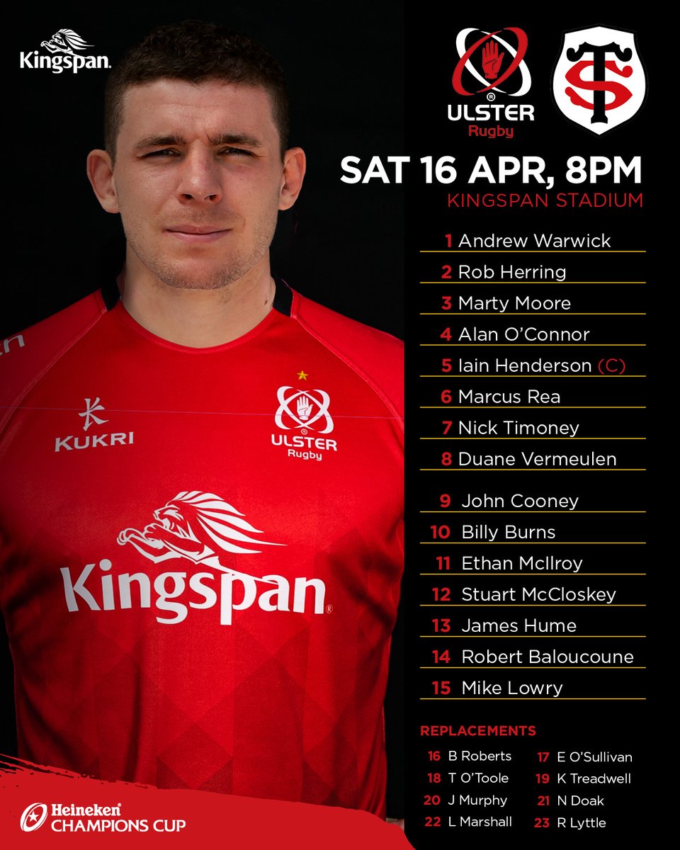 📥 𝙏𝙚𝙖𝙢 𝙞𝙨 𝙞𝙣!

Your Ulster squad has been selected to host <a href="/StadeToulousain/">Stade Toulousain</a> at Kingspan Stadium tomorrow evening in the second leg of the #HeinekenChampionsCup Round of 16 👇

Full story ➡️  fal.cn/ULSvTOU160422

#ULSvTOU #SUFTUM ⚪️🔴