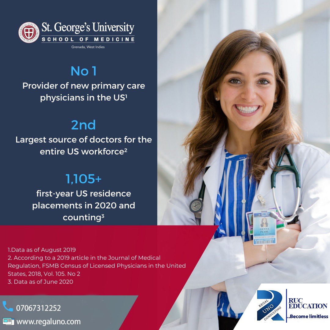 RUC_studyabroad's tweet photo. St George’s University is a world top school for Medicine. With a main campus in Grenada and another campus in UK.
- great chance of Clinicals in the US
- some scholarships given
- direct entry available for degree holders
- tuition starts from US$35,000 annually
Call 07042136576 https://t.co/ISXzBQuw0j