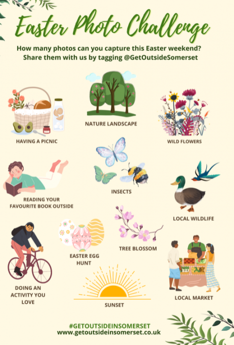 SomersetCarers's tweet photo. Kickstart your springtime strolls with the @SASPsomerset April step challenge to do at least 8K steps per day & take part in the Easter Weekend Photo challenge - use the challenge poster for inspiration!
Share your #SpringtimeAdventures by tagging @GetOutsideSom https://t.co/NKkxMVEEyt