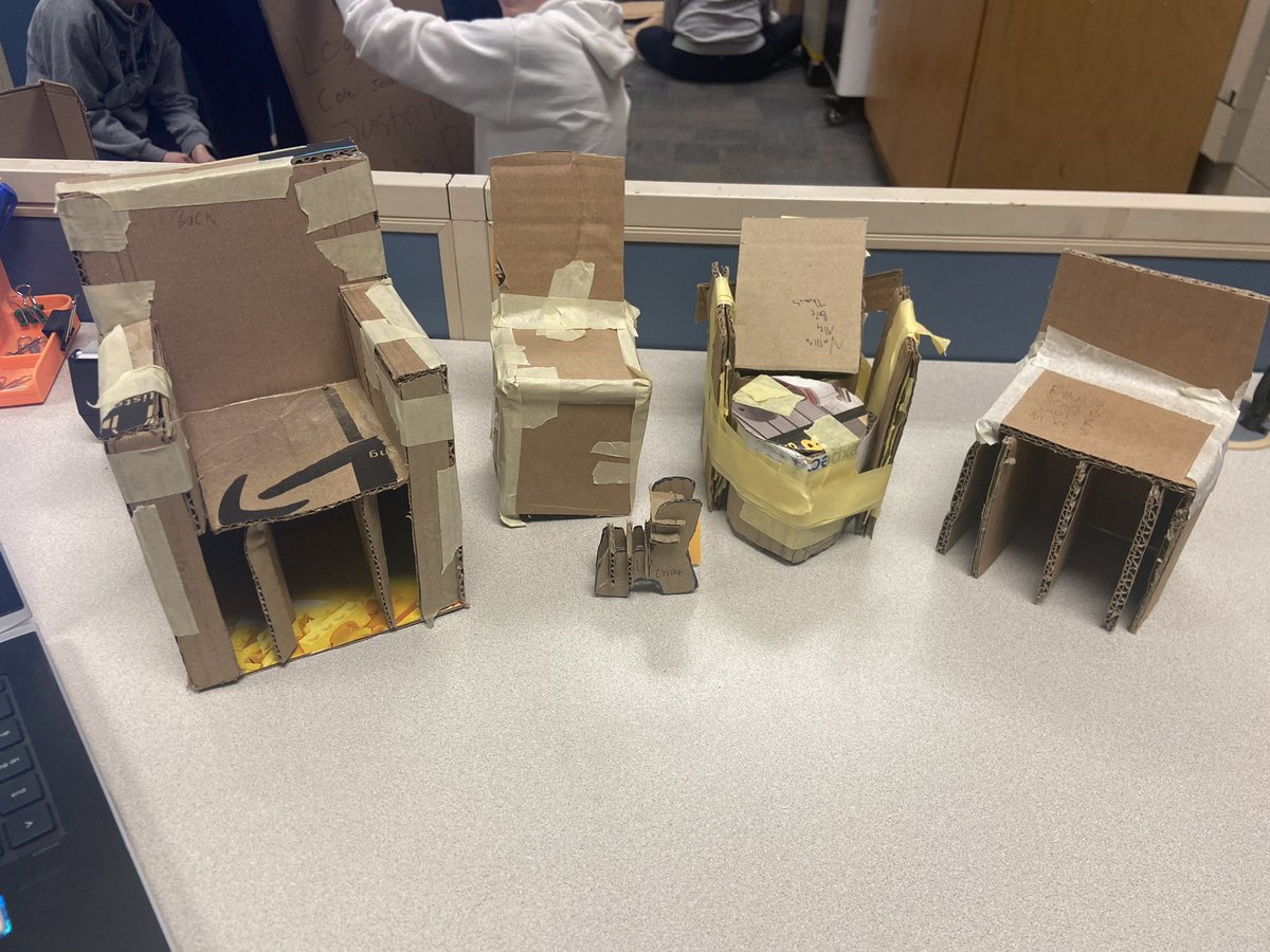 MinookaTech's tweet image. PLTW POE student are loving the cardboard furniture design challenge. They made scaled prototype and now they are working on the full size prototypes. How many of these will be able to hold me? @MCHSDistrict111 @CteMchs