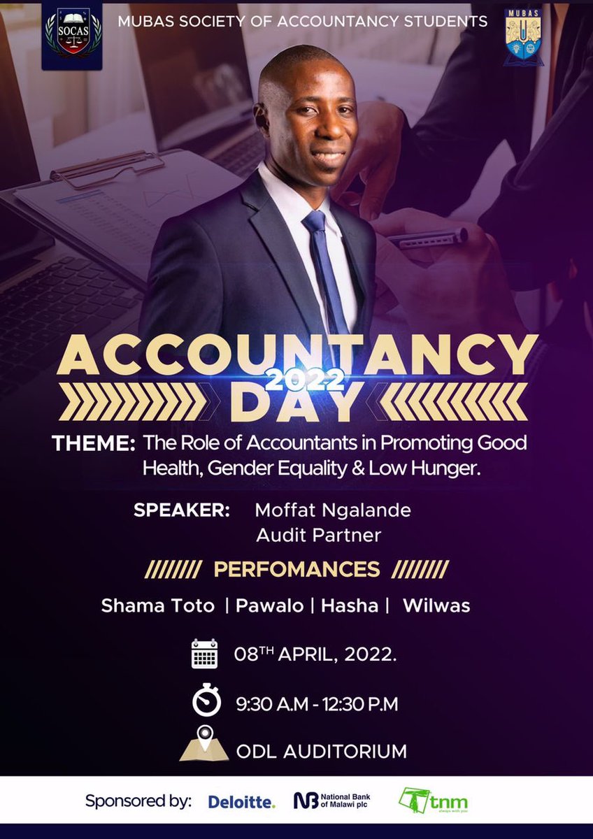 auditconsultmw's tweet photo. Our Partner Moffat Ngalande was invited as guest speaker at the MUBAS Society of Accountancy Students (SOCAS), Accountancy Day 2022. Moffat groomed the students on the role of accountants in promoting Good Health, Gender Equality and Low Hunger. https://t.co/MhEIoBl3NF