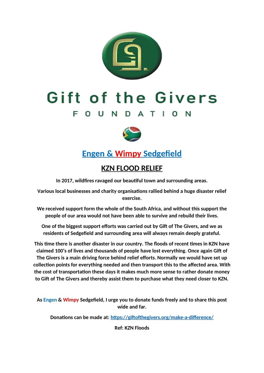 GiftoftheGivers's tweet photo. Help #EngenSedgefield and #GiftoftheGivers deliver #HOPE to those affected by the #KZNFloods 🌊. 

Your contribution will restore #DIGNITY to affected families. Together, we can help rebuild communities 💚.

Click: https://t.co/rQ1IOIuycG and use reference ‘KZN Floods’. https://t.co/moiDc2bx30