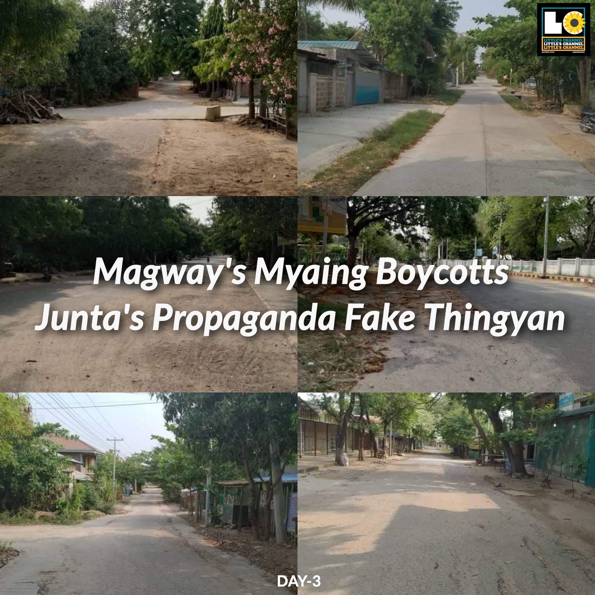 ActivistLittle's tweet photo. "Myaing Boycotts Junta's Propaganda Fake Thingyan"

Myaing's streets were largely deserted on Apr 15 [Thingyan Water Festival | Day-3] as people stayed home in protest at military rule.

#2022Apr15Coup #RevolutionaryThingyan #WhatsHappeningInMyanmar https://t.co/QgIIqLMN3R
