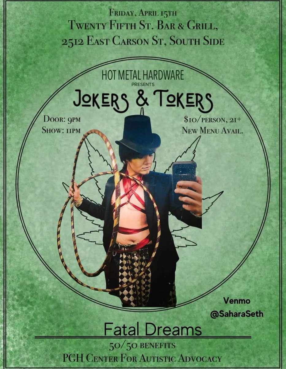 HMHPGH's tweet photo. Tonight's the night! We're grabbing our giggle sticks and heading down to 25th Street tavern to give you a show. Including this alluring hunk who will show you that you can be handsome and funny, Fatale Dreams! 

Jokers and Tokers. Doors open at 9, show at 11. $10 cover https://t.co/vMRJgiiEl9