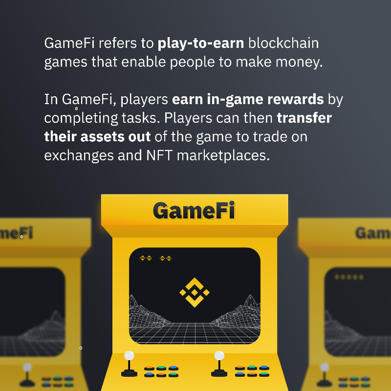 binance's tweet photo. Game + Finance = #GameFi.

Swipe to learn more about how you can earn money from gaming in the metaverse ⬇️