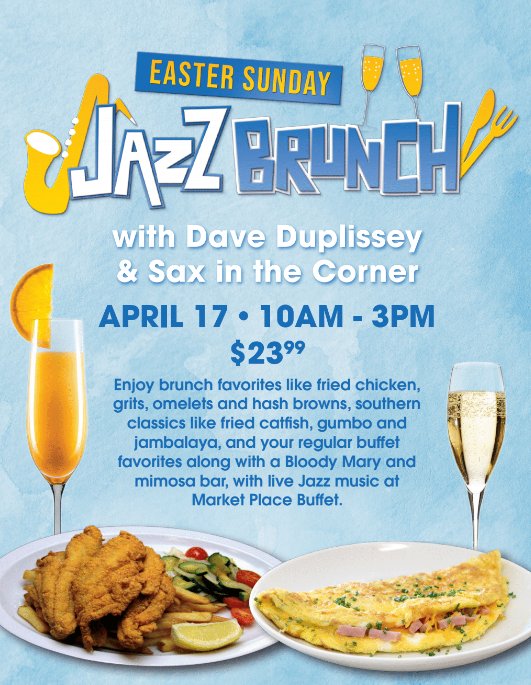 Enjoy an Easter Sunday brunch to the festive jazz sound of Dave Duplissey &amp; Sax in the Corner at the Marketplace Buffet! Bring the whole family for this event you won’t want to miss! 🎷🎶 #jazzmusic #brunch #EasterSunday

bit.ly/370gG77