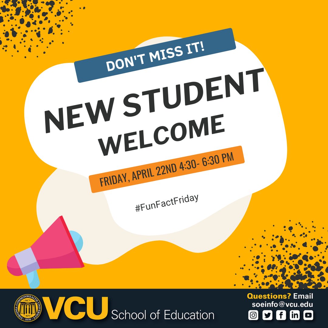 vcusoe's tweet photo. We hope you have a great weekend! Don't forget about our New Student Welcome on Friday, April 22, from 4:30-6:30 p.m. Join us as we welcome newly accepted students to this networking event! #FunFactFriday #VCUSOE #Get2KnowSOE #UniversityLife @VCU @vcualumni @AndrewDaire https://t.co/WFIyGDU9za