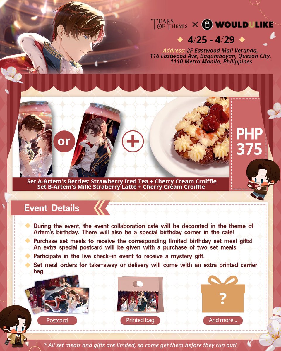 TearsofThemisEN's tweet image. 🎂Sweet affection for a perfect couple. 

Artem's birthday-themed café is about to open in the Philippines!

Retweet this post for a chance to win Artem's Birthday Gift Box! 5 winners will be randomly selected on April 19.

#TearsOfThemis