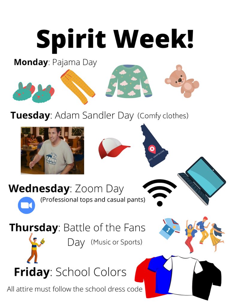 It’s here!! The official spirit days for next week!! 
Don’t forget to remind your C period teacher to fill out the form to count how many people in your class are dressed up. 
#spirit #adamsandler