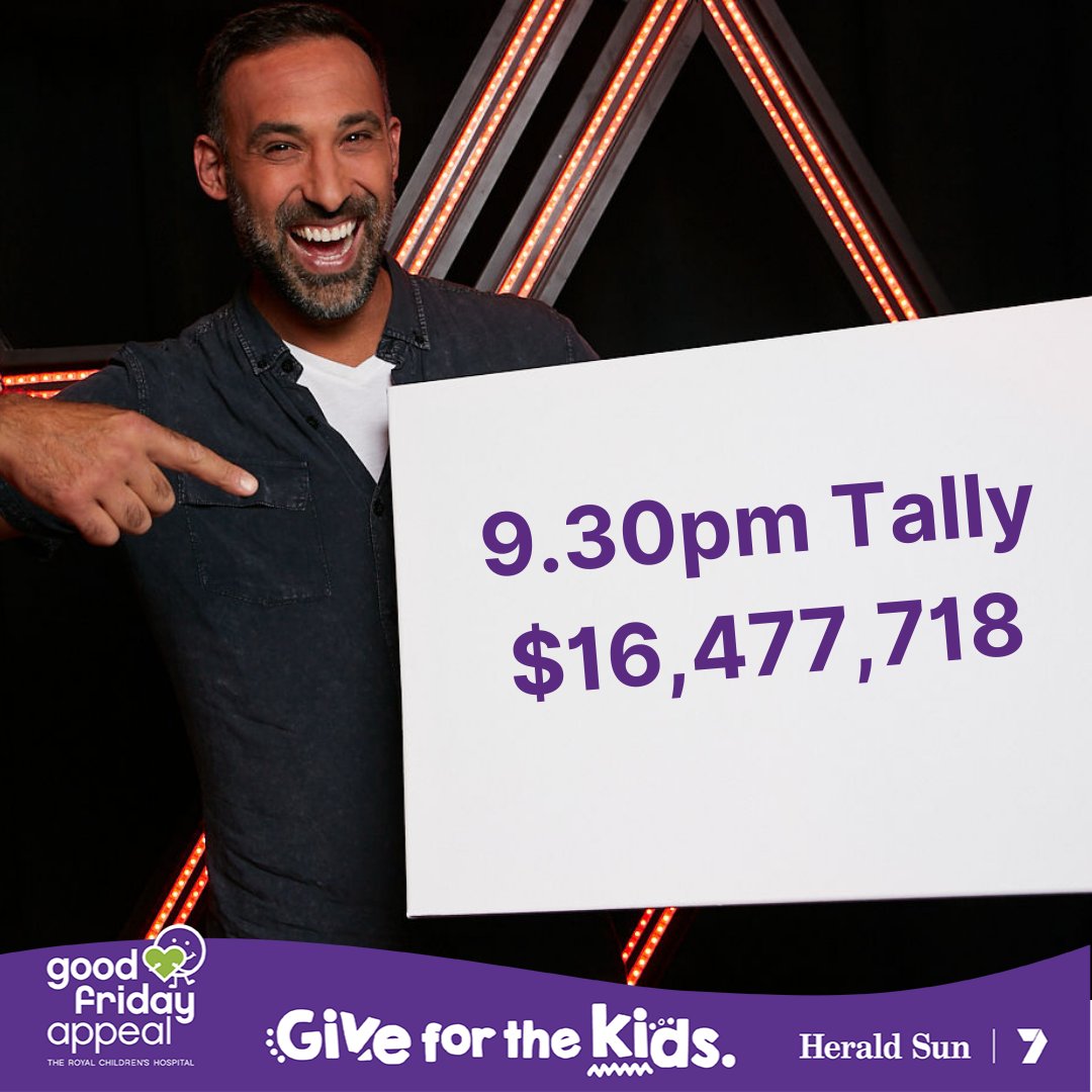 GoodFriAppeal's tweet photo. The 9.30pm tally is $16,477,718 - thanks Adam Dovile! Time flies when you're supporting the incredible kids at @RCHMelbourne. Donate online at https://t.co/7dYlrNXlpZ

#GiveForTheKids  #GoodFridayAppeal 
#RoyalChildrensHospitalMelbourne https://t.co/o1iU72GNcv